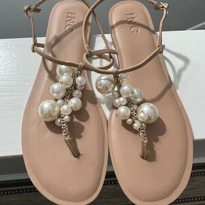 INC International Concepts Cream Sandals with Pearl Embellishments